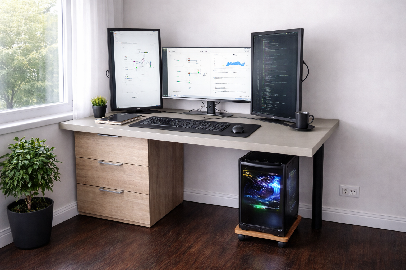 Estación de trabajo con automatización de procesos, dashboards de datos y programación